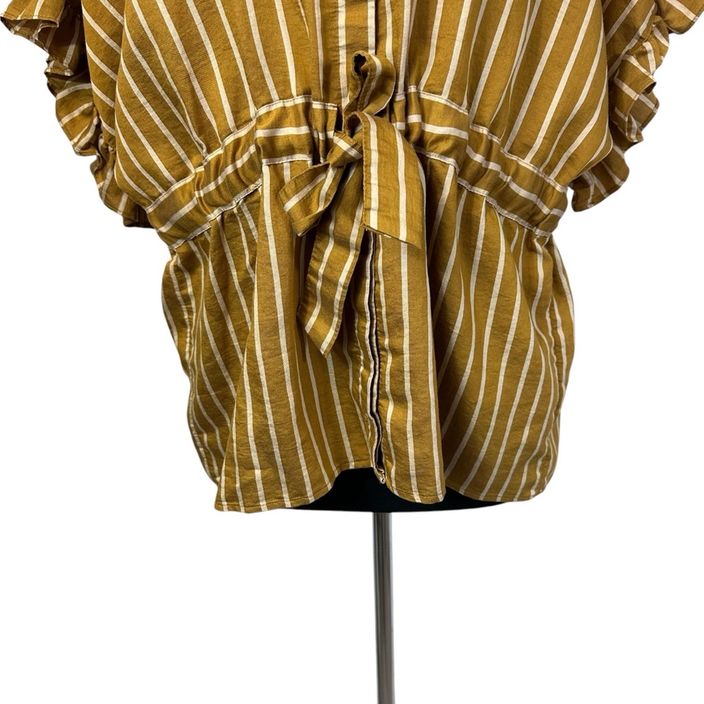 ZARA Gold Stripe Tie Front Blouse Size S Ruffle Sleeve Button Up Top - Picture 4 of 11